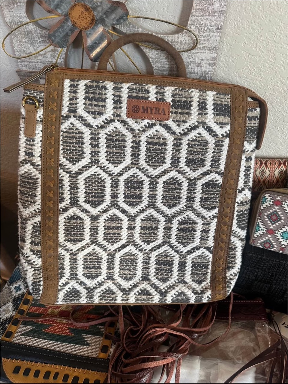 Myra Bag Brown and Cream Geometric Woven Backpack